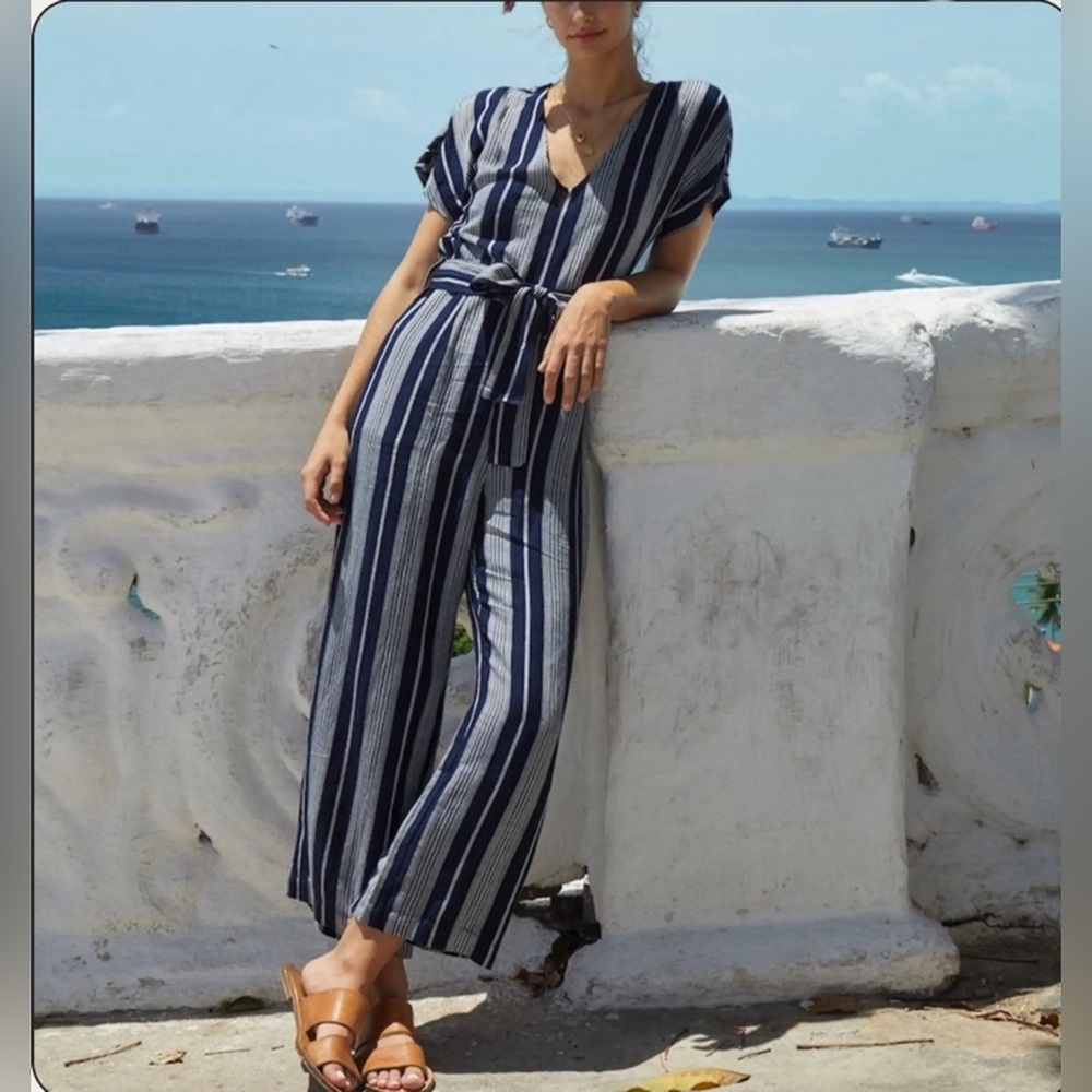 Rails Angela v neck jumpsuit in mediterranean stripe with matching belt